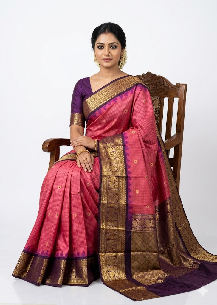 Authentic Rose Pink Checkered Gadwal Silk Saree with Rich Purple Border