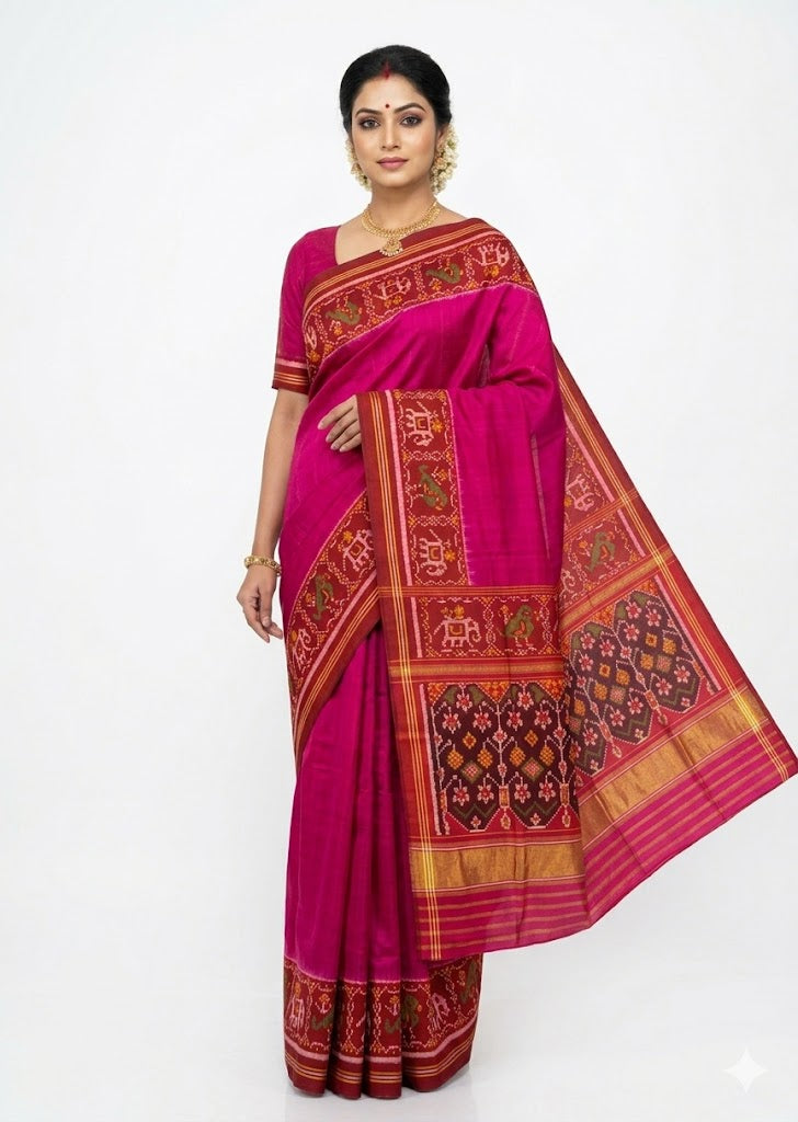 Vibrant Magenta Pure Real Patola Silk Saree with Red Elephant Motif Border