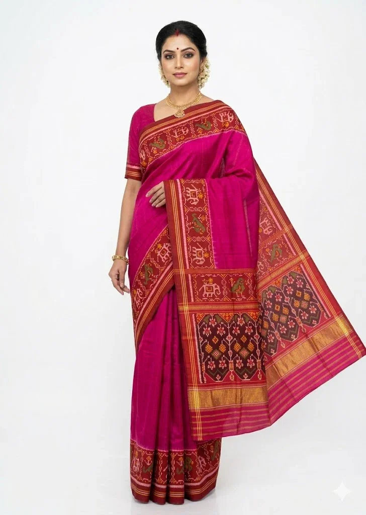 Vibrant Magenta Pure Real Patola Silk Saree with Red Elephant Motif Border