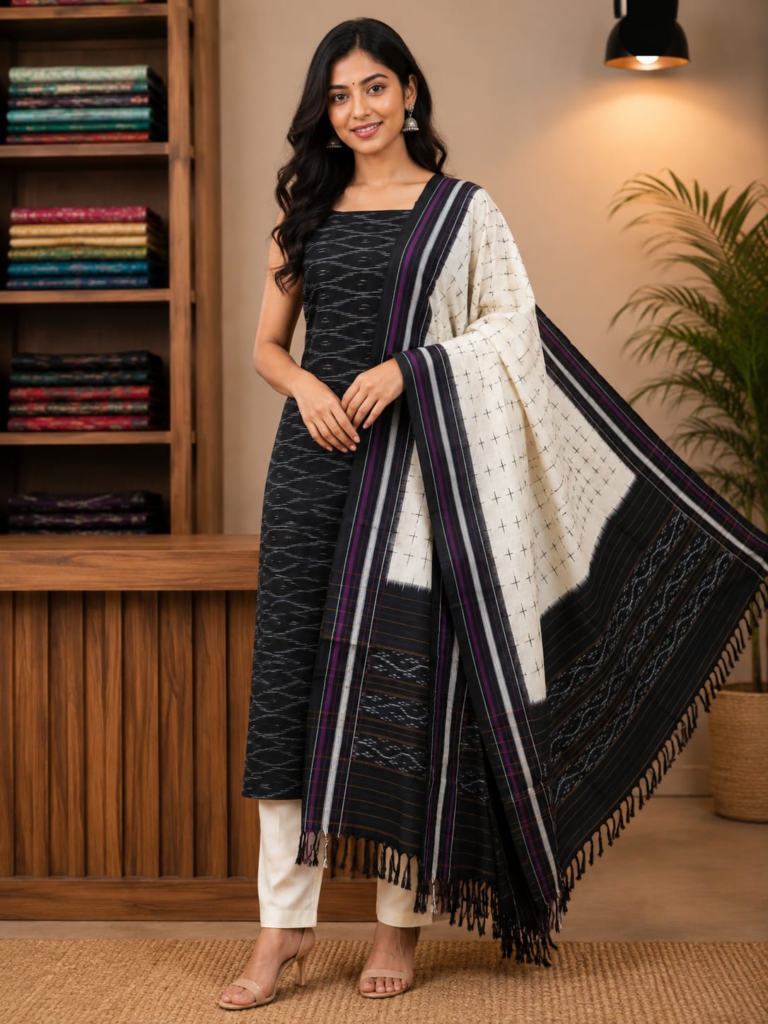Charcoal Black &amp; Off-White Handloom Double Ikkat Cotton Dress Material Set with Purple Accent Border Dupatta -d34