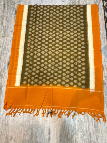 DOUBLE IKAT COTTON BROWN WITH YELLOW COLOR DRESS MATERIAL -C70