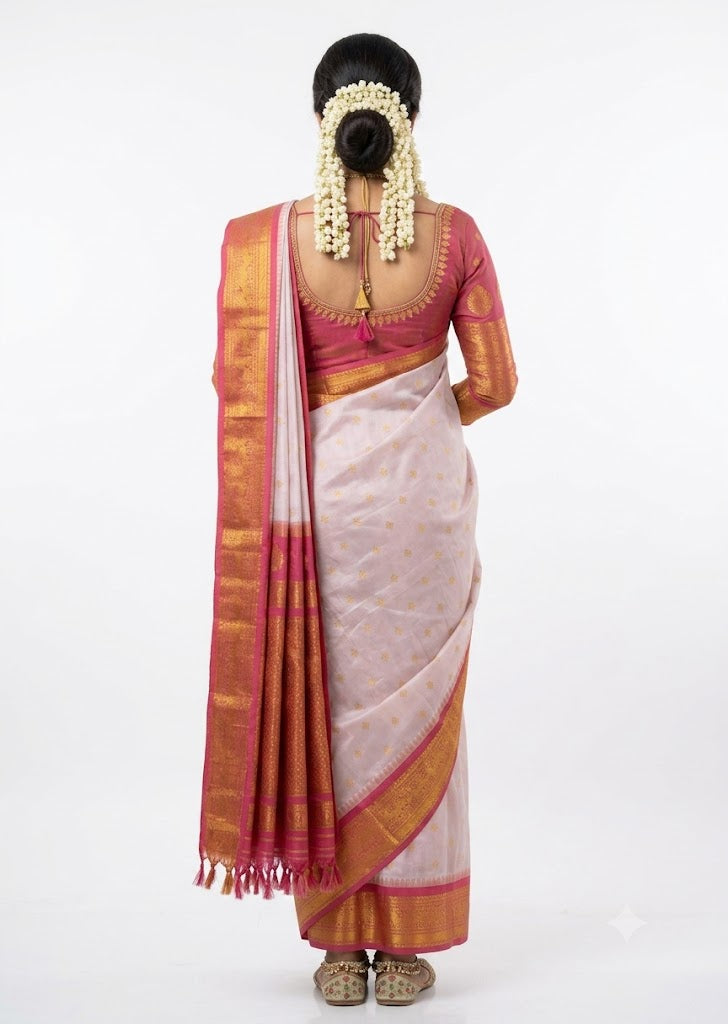 Elegant Off-White Pure Silk Saree with Contrasting Pink Zari Border and Mango Buttas