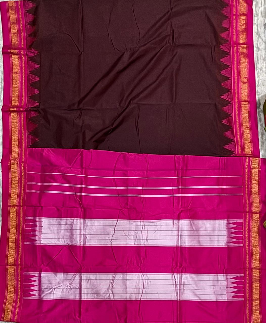 Chocolate Brown Gadwal Silk Saree with Rani Pink Pallu &amp; Temple Border