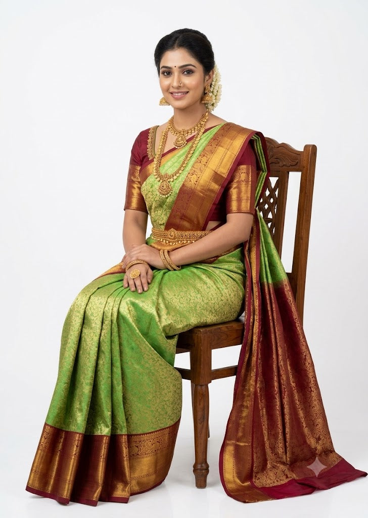 Dharmavaram Pattu Silk Saree – Parrot Green With Maroon