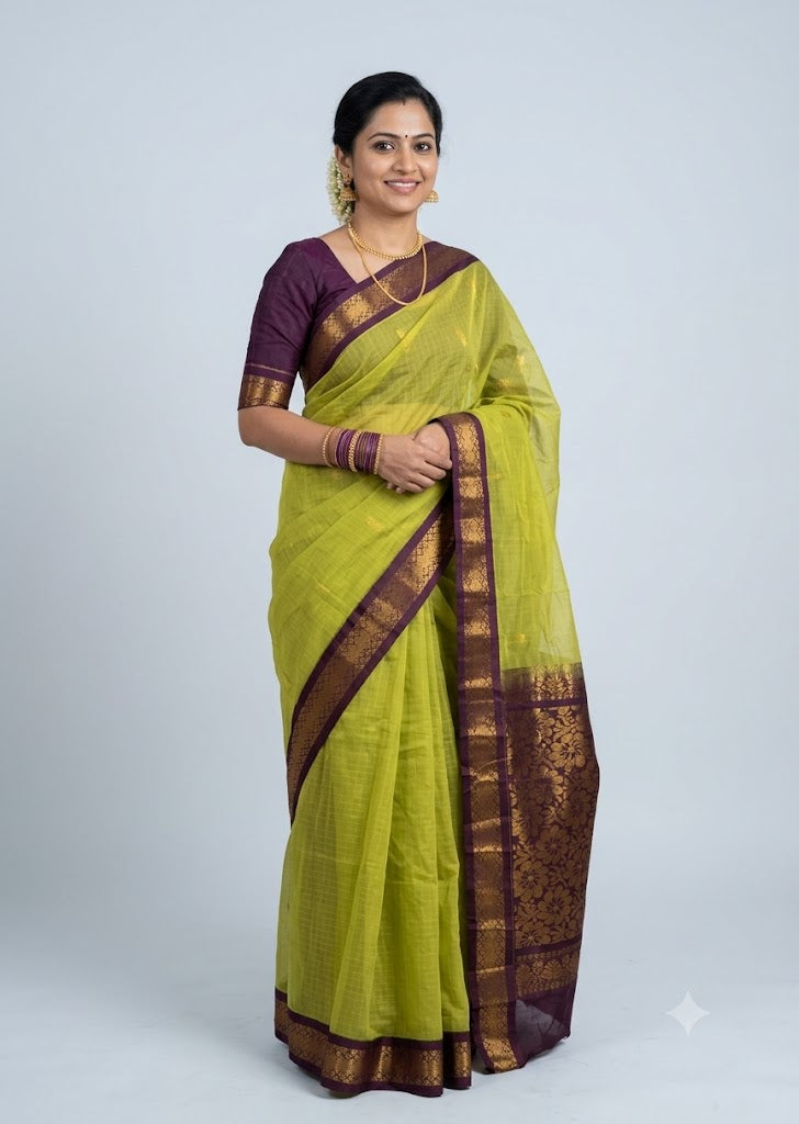 Traditional Lime Green Gadwal Cotton Saree with Dark Purple Zari Border gc11