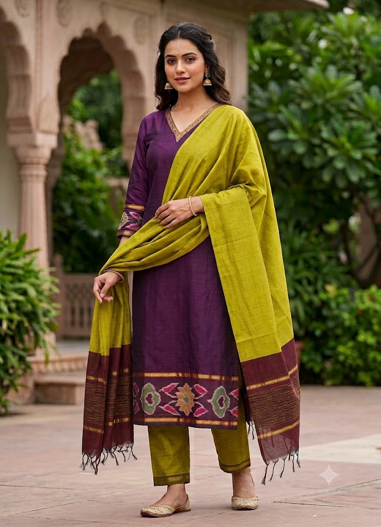 Deep Purple &amp; Olive Ikkat Border Poly-Cotton Kurta Set with Contrast Dupatta