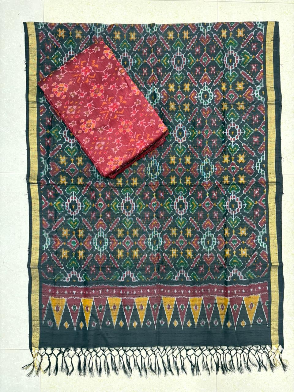 Latest Ikkat Silk Dress Material: Green&amp; Maroon Pochampally Salwar Suit