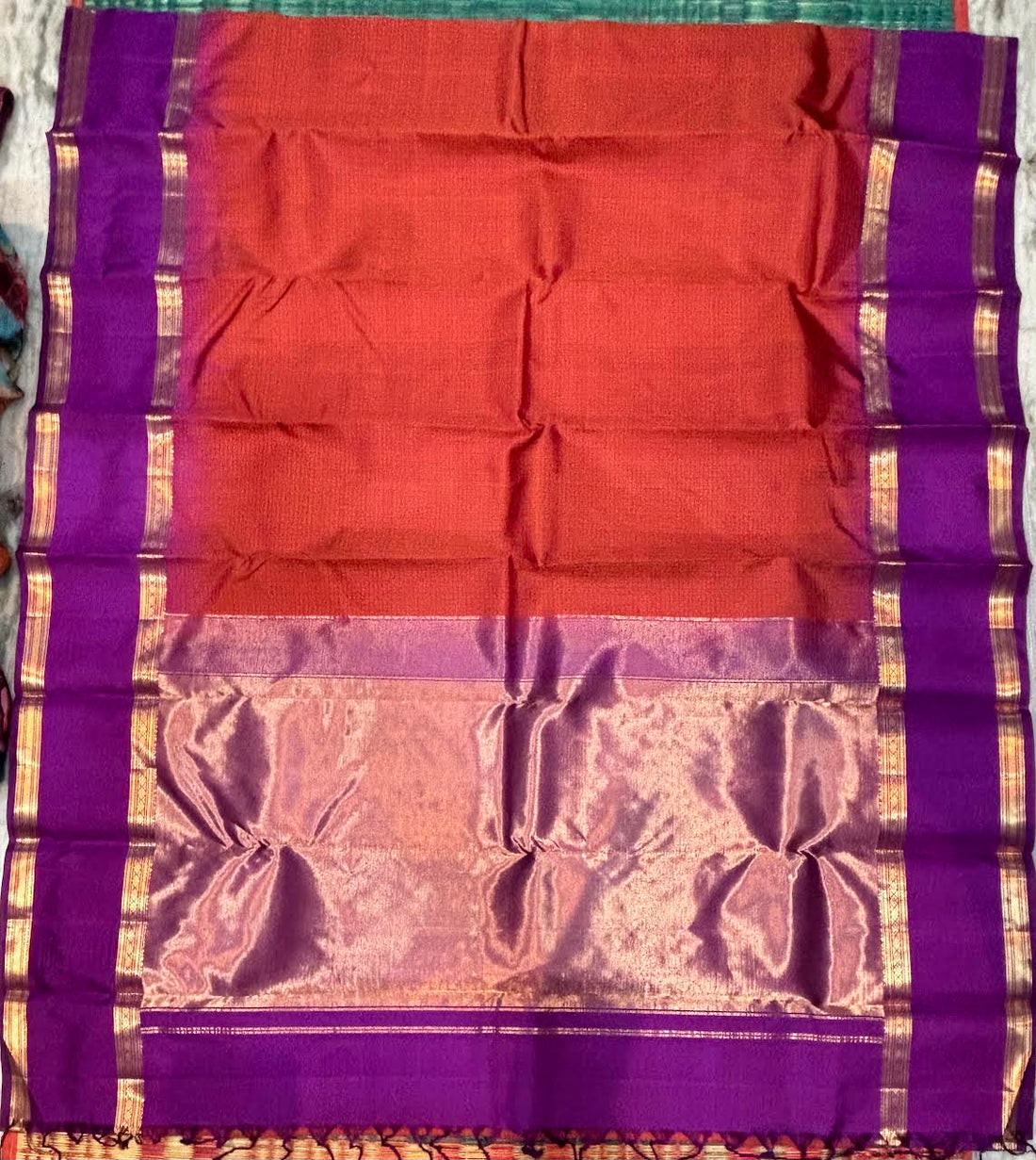 Kanchi Silk Saree – Crimson Red &amp; Royal Purple Zarikat Work