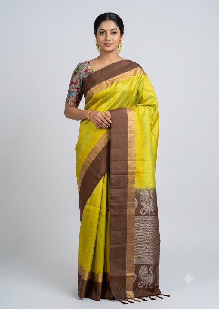 Chartreuse Yellow Kanchipuram Silk Saree with Chocolate Brown Zari Border and Pallu