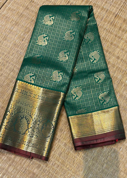 Bottle Green &amp; Crimson Red Semi Dharmavaram Silk Saree with Zari Checks and Brocade Pallu