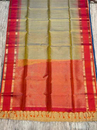 Pure Kanchipuram Silk Saree in Sage Green &amp; Crimson Red with Silk Mark Certification