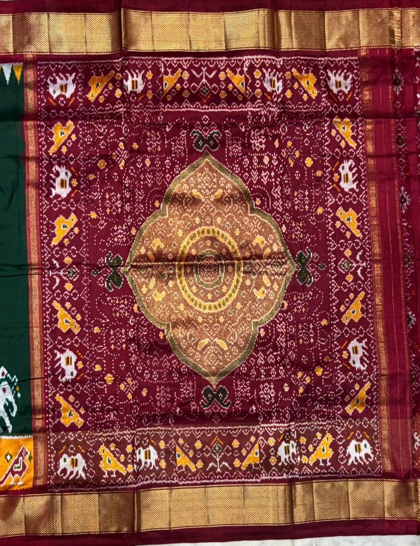 Bottle Green &amp; Maroon Pochampally Ikkat Silk Saree