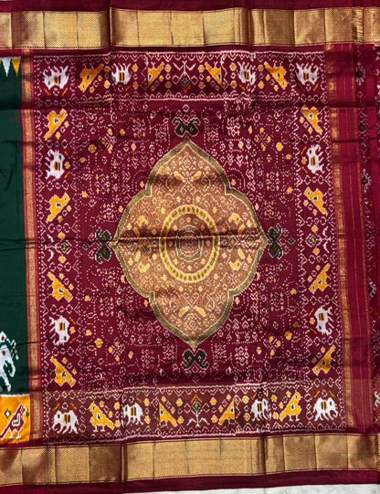 Bottle Green &amp; Maroon Pochampally Ikkat Silk Saree