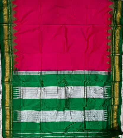 Deep Pink-Red Gadwal Silk Saree with Green &amp; Zari Border