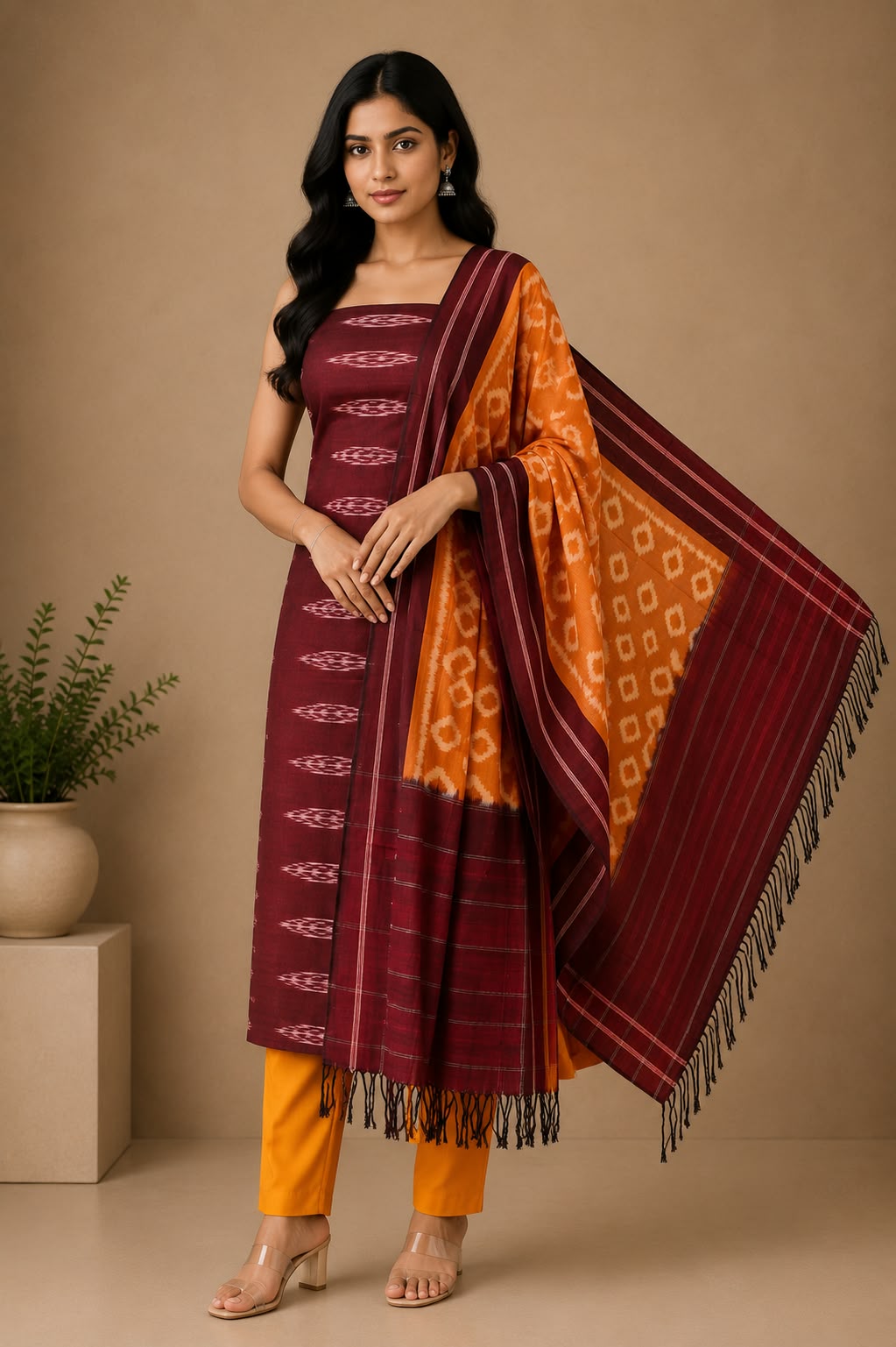 Handwoven Maroon Double Ikat Cotton Unstitched Dress Material Set with Mustard Dupatta