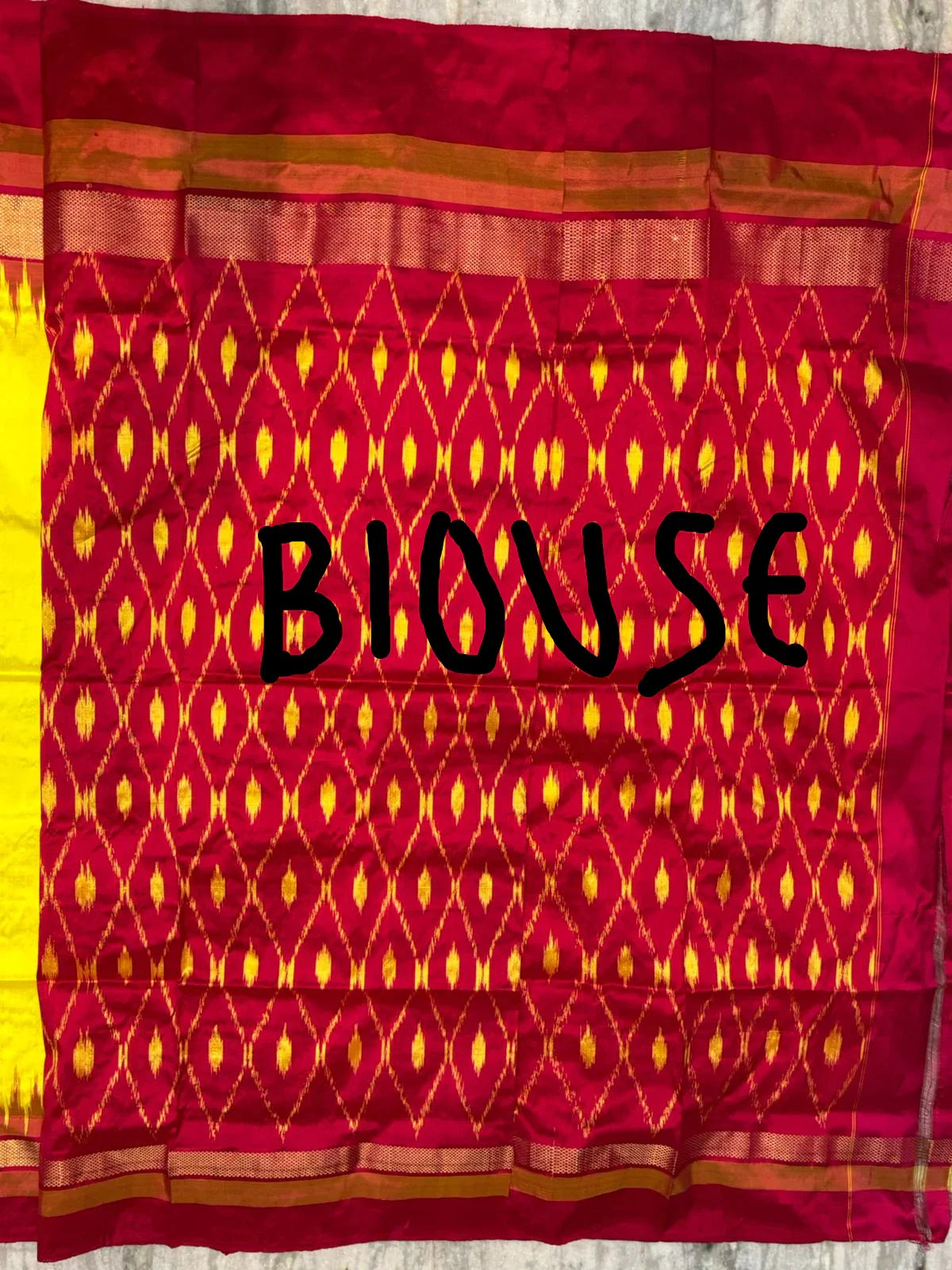 Yellow &amp; Maroon Pure Ikkat Silk Saree with Traditional Temple Border | Zari Pallu - pochampallysarees.com