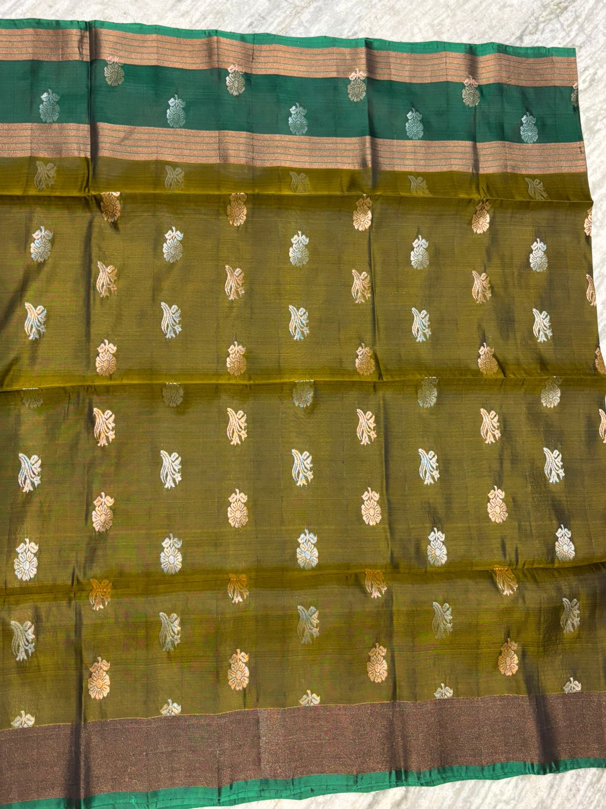 Teal Green Soft Silk Saree with Mustard Yellow Contrast Border &amp; Woven Motifs