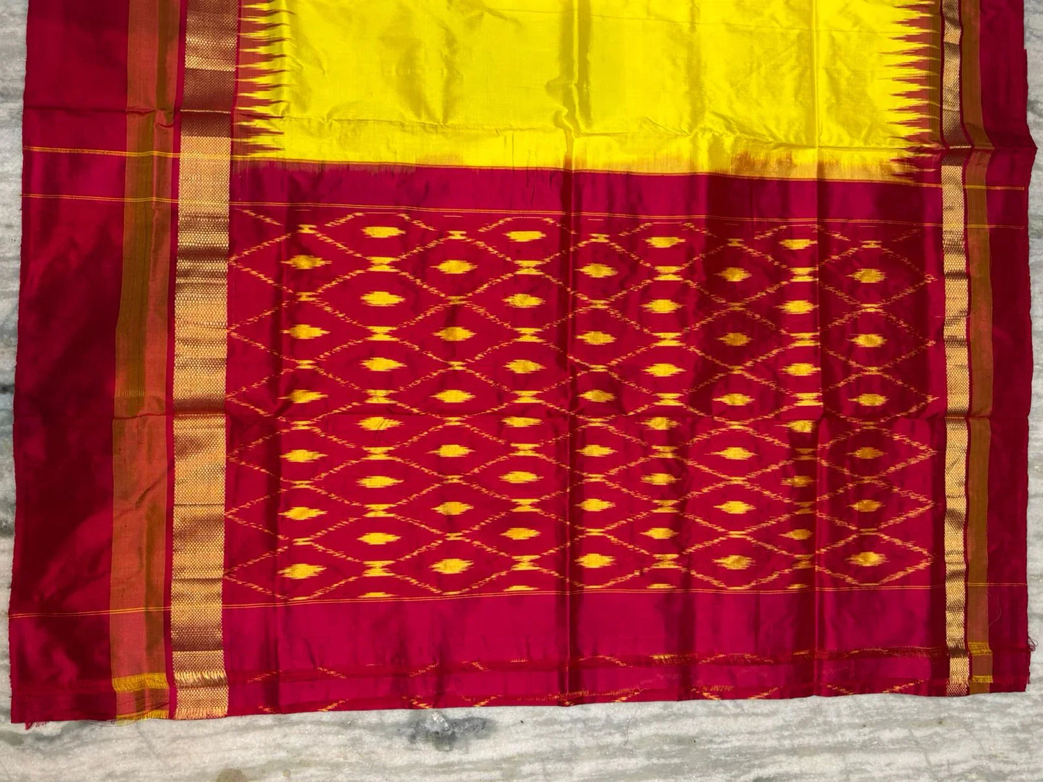Yellow &amp; Maroon Pure Ikkat Silk Saree with Traditional Temple Border | Zari Pallu - pochampallysarees.com
