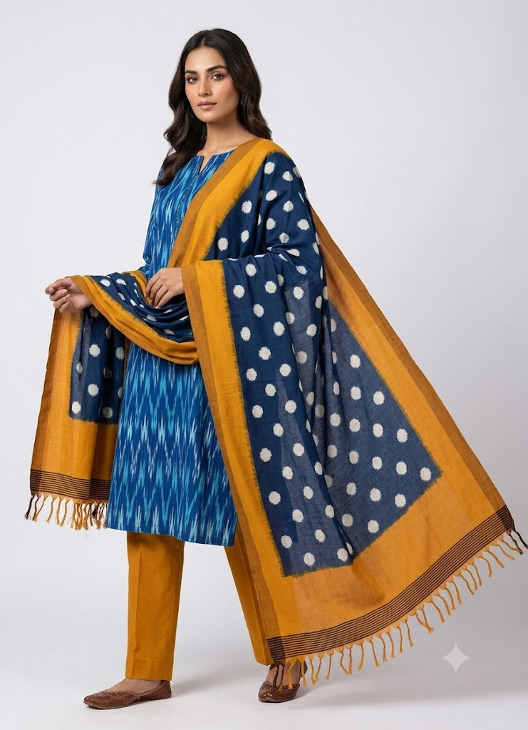 DOUBLE IKAT COTTON BLUE WITH BROWN COLOR DRESS MATERIAL -C16