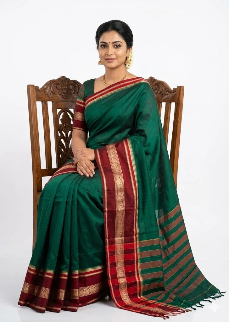 Traditional Teal Green Silk Blend Saree with Contrast Zari Border | Elegant Festive Ethnic Wear - pochampallysarees.com