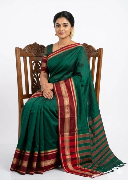 Traditional Teal Green Silk Blend Saree with Contrast Zari Border | Elegant Festive Ethnic Wear - pochampallysarees.com