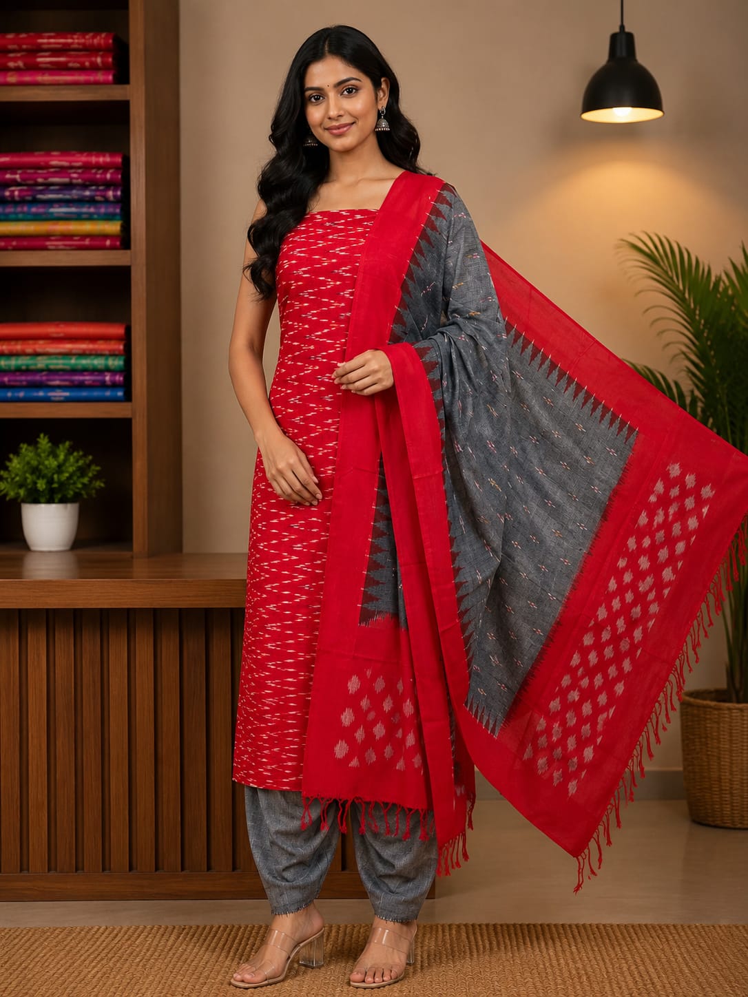 Crimson Red &amp; Slate Grey Handloom Double Ikkat Cotton Dress Material Set with Temple Border Dupatta