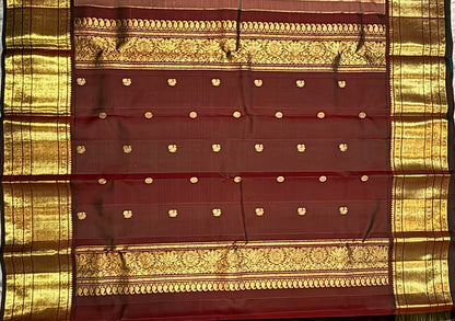 Traditional Peach and Maroon Kanchipuram Pattu Saree with Pure Zari Border