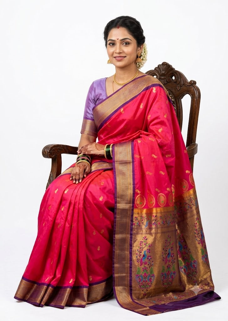 Elegant Rani Pink Semi Gadwal Paithani Saree with Lavender Blouse
