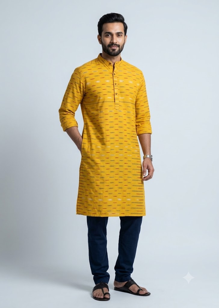 Mustard Yellow Pochampally Ikat Cotton Fabric – Handwoven Material