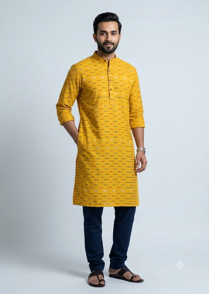 Mustard Yellow Pochampally Ikat Cotton Fabric – Handwoven Material