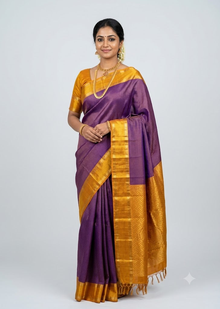 Handloom Kanchipuram Pure Silk Saree with Purple With Yellow