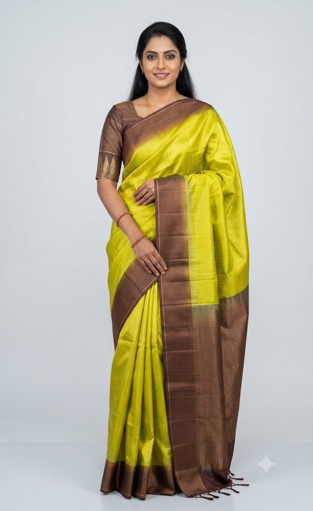 Lime Green Silk Saree with Chocolate Brown Zari Border &amp; Matching Blouse
