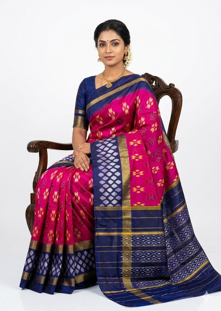 Vibrant Magenta Pink &amp; Navy Blue Pure Ikkat Silk Saree with Geometric Motifs