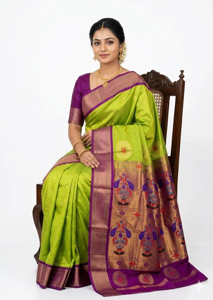 Vibrant Parrot Green Gadwal Silk Saree with Purple Peacock Pallu - pochampallysarees.com