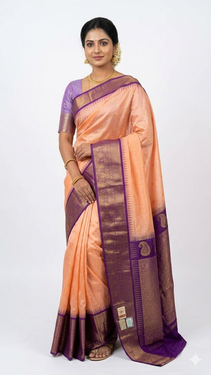 Elegant Peach and Lavender Gadwal Silk Saree with Zari Border - pochampallysarees.com