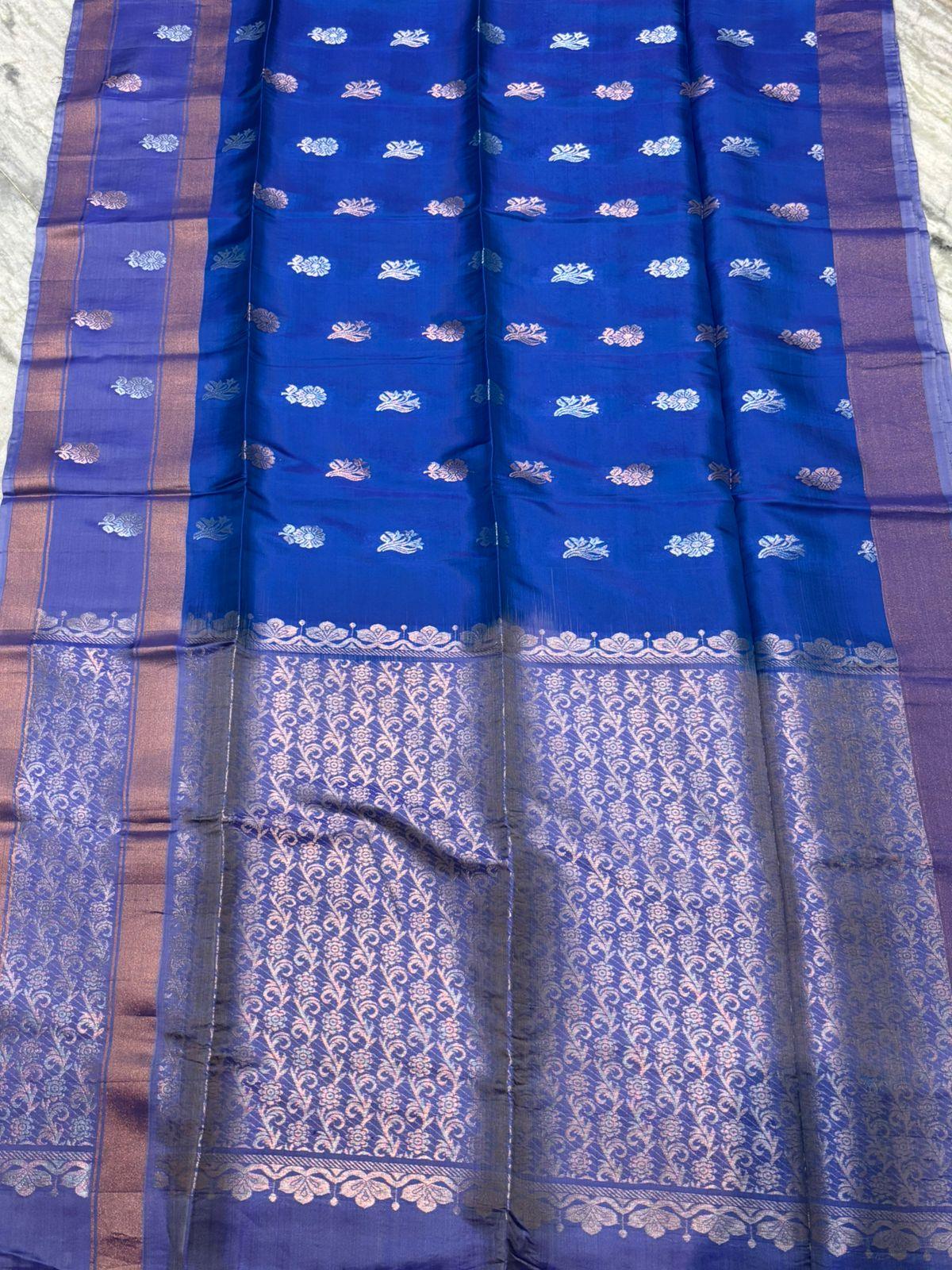 Royal Blue Silk Saree with Copper Zari &amp; Light Purple Blouse | Traditional Ethnic Wear - pochampallysarees.com