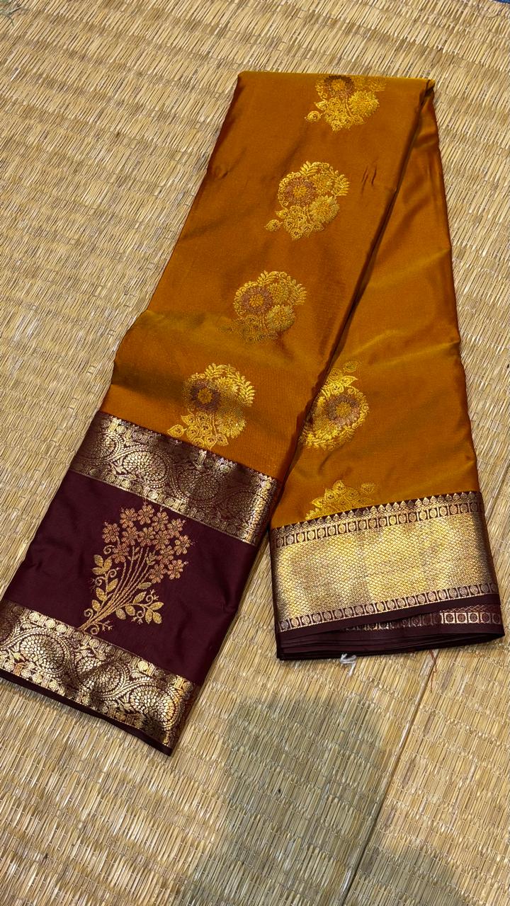 Semi Dharmavaram Silk Saree in Mustard Yellow and Deep Maroon with Gold Zari