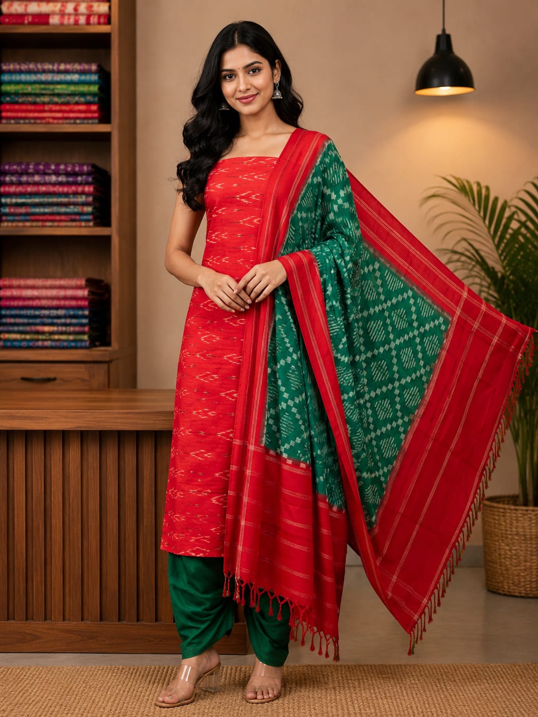 Crimson Red &amp; Emerald Green Handloom Double Ikkat Cotton Dress Material Set with Geometric Diamond Dupatta