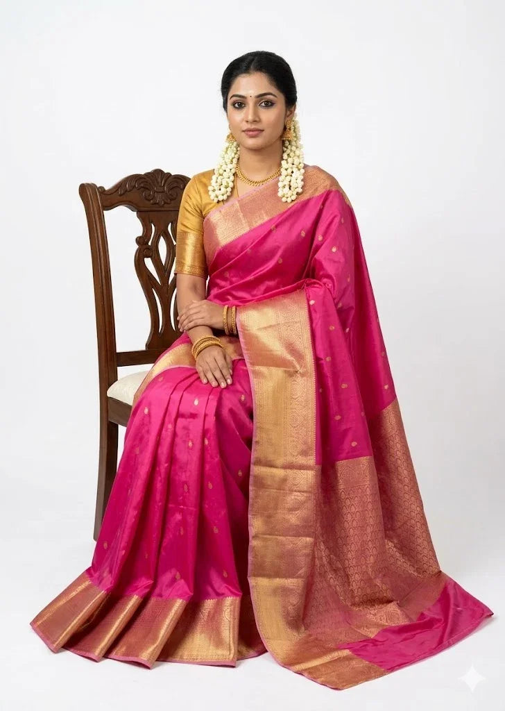 Pure Handloom Fuchsia Pink & Gold Kanjivaram Silk Saree - pochampallysarees.com