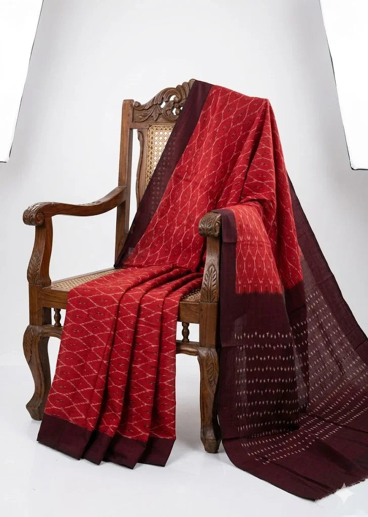Handcrafted Pure Cotton Ikat Saree | Deep Red &amp; Maroon with Geometric Motifs - pochampallysarees.com