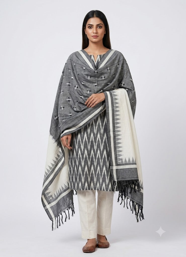 Pochampally Double Ikkat Cotton Suit Gray Top Pant White - C72