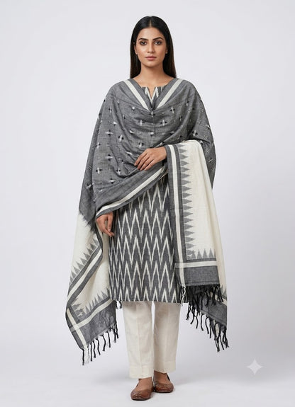Pochampally Double Ikkat Cotton Suit Gray Top Pant White - C72