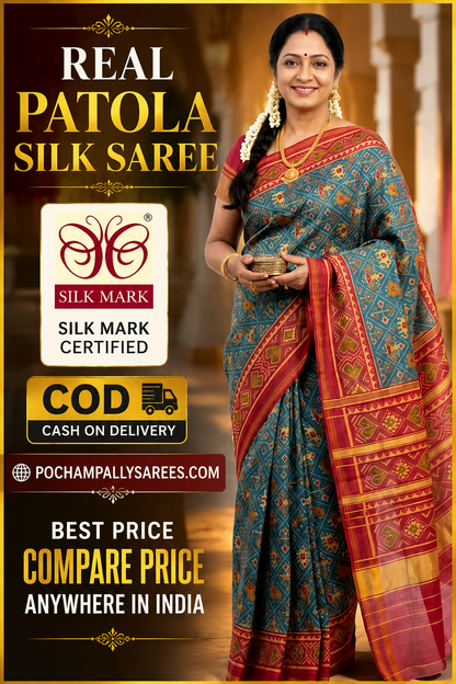Handloom Ikat Real Patola Silk Saree – Classic Blue &amp; Maroon - pochampallysarees.com