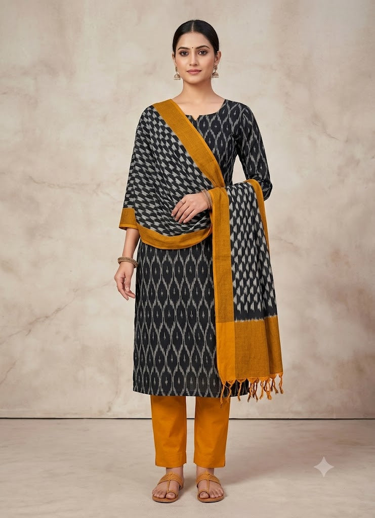 DOUBLE IKAT ANANDA BLACK WITH BROWN COLOR DRESS MATERIALS-B48