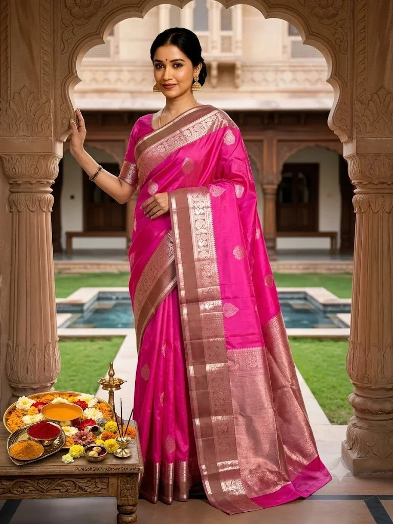 Pure Soft Silk Pink and Brown Sari with Elegant Zari Border - pochampallysarees.com