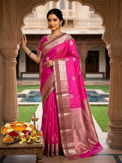 Pure Soft Silk Pink and Brown Sari with Elegant Zari Border - pochampallysarees.com