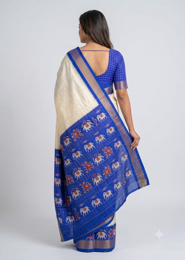 Off-White &amp; Royal Blue Ikkat Silk Saree with Checked Blouse
