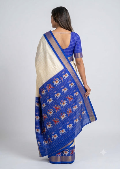 Off-White &amp; Royal Blue Ikkat Silk Saree with Checked Blouse