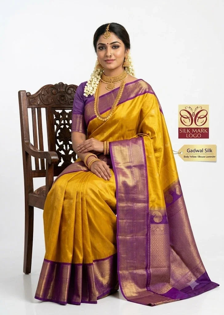 Gadwal Silk Sarees: Festive Mustard Yellow & Lavender Handloom Classics - pochampallysarees.com
