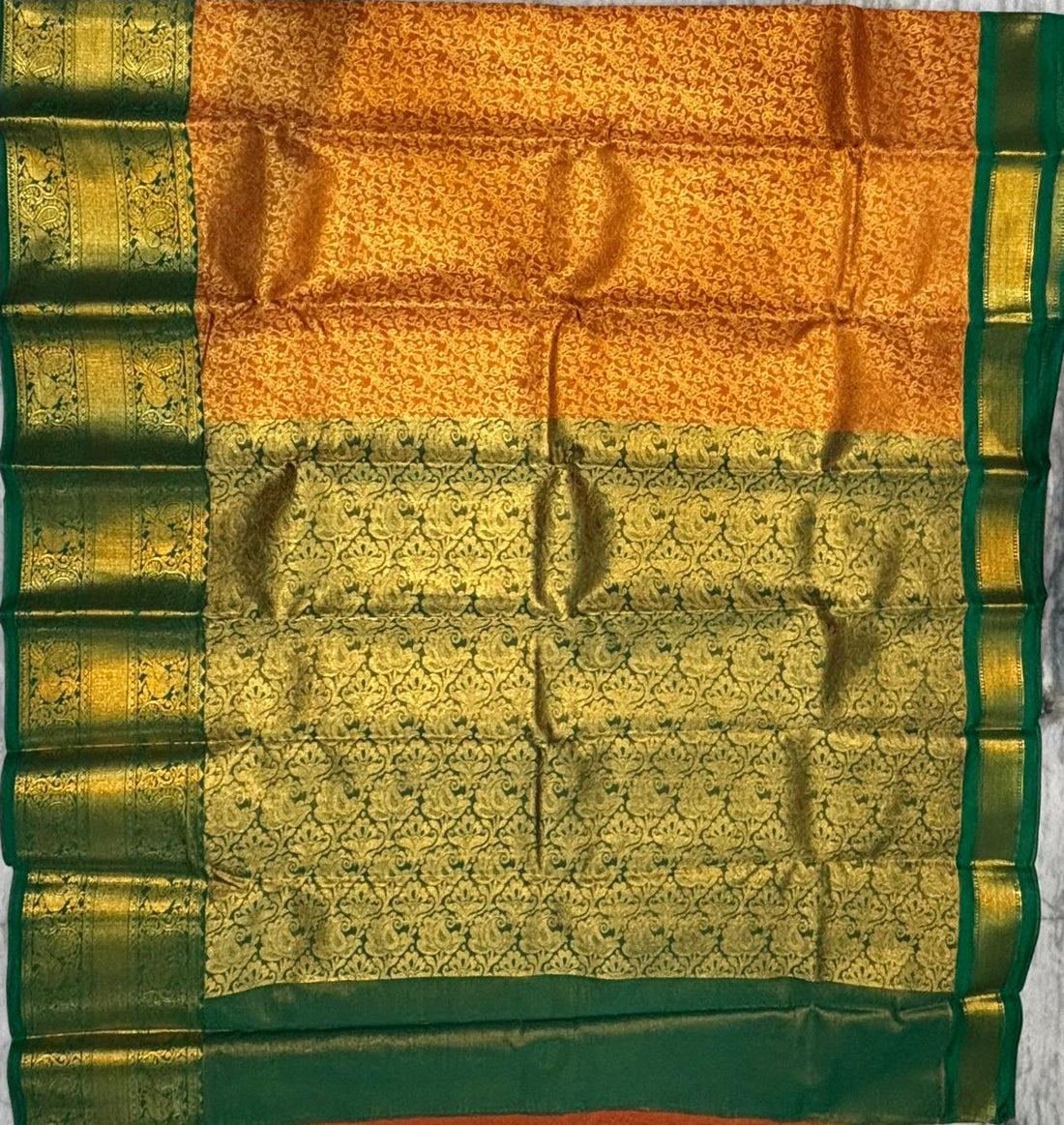 Dharmavaram Pattu Silk Saree in Mustard Orange and Emerald Green